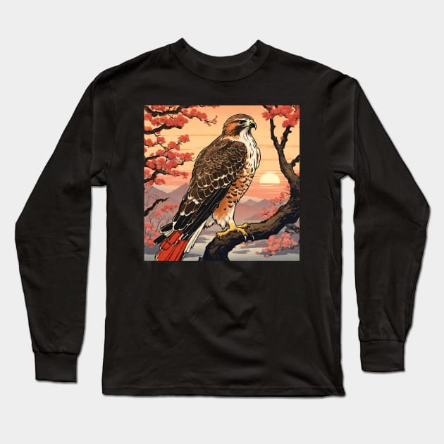 Red Tailed Hawk in Sunset with Flower Blossoms Long Sleeve T-Shirt by DaysuCollege